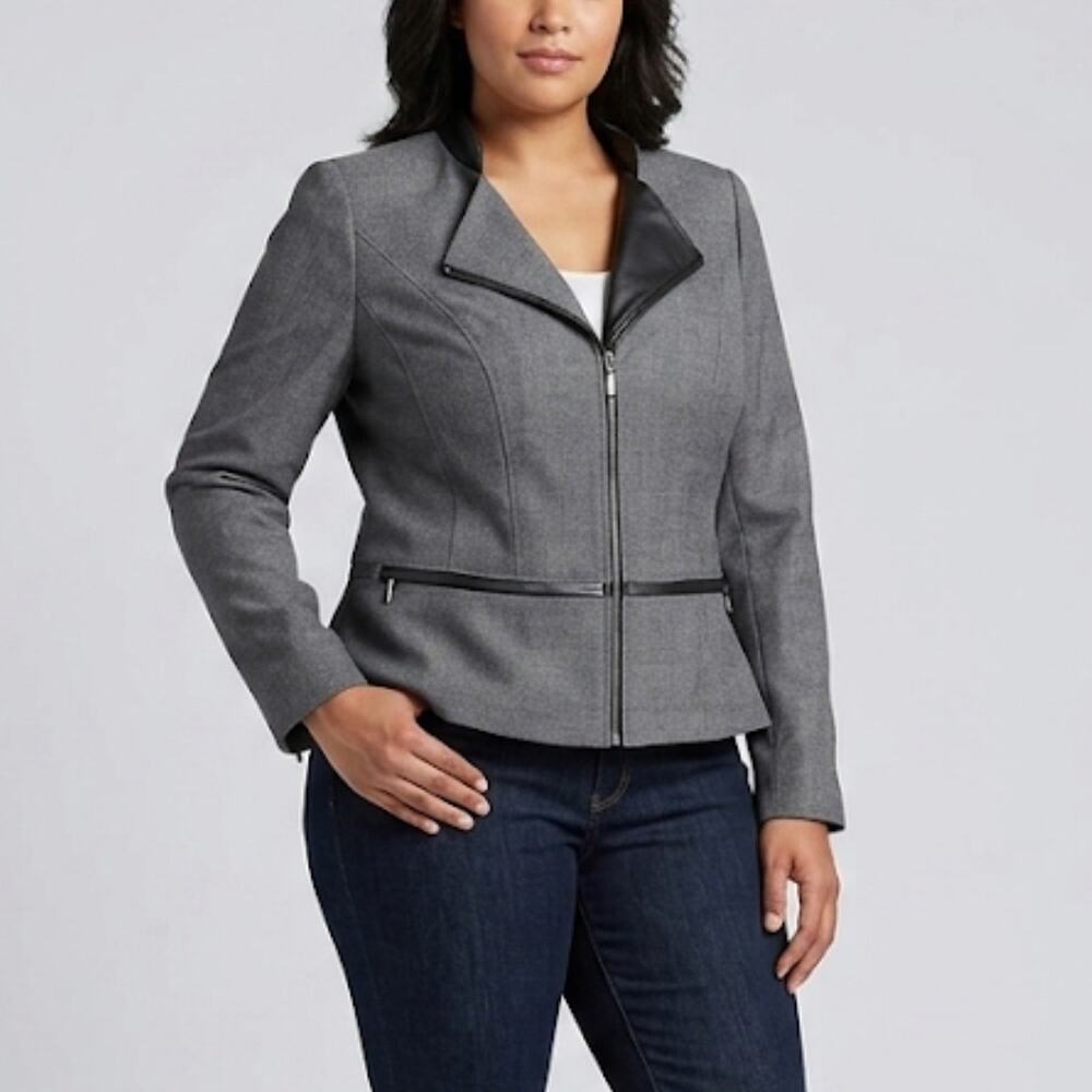 White House Black Market Womens Blazer Jacket Gray Black Faux Leather Trim Sze 6